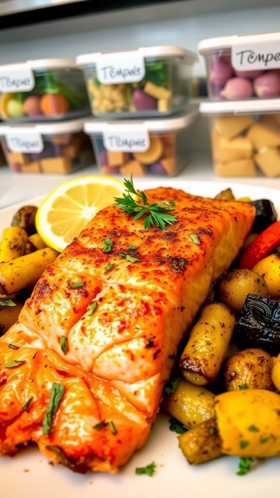 Air Fryer Salmon Meal Prep Recipe Air fryer salmon fillet garnished with lemon and herbs, served with roasted vegetables in a meal prep container.